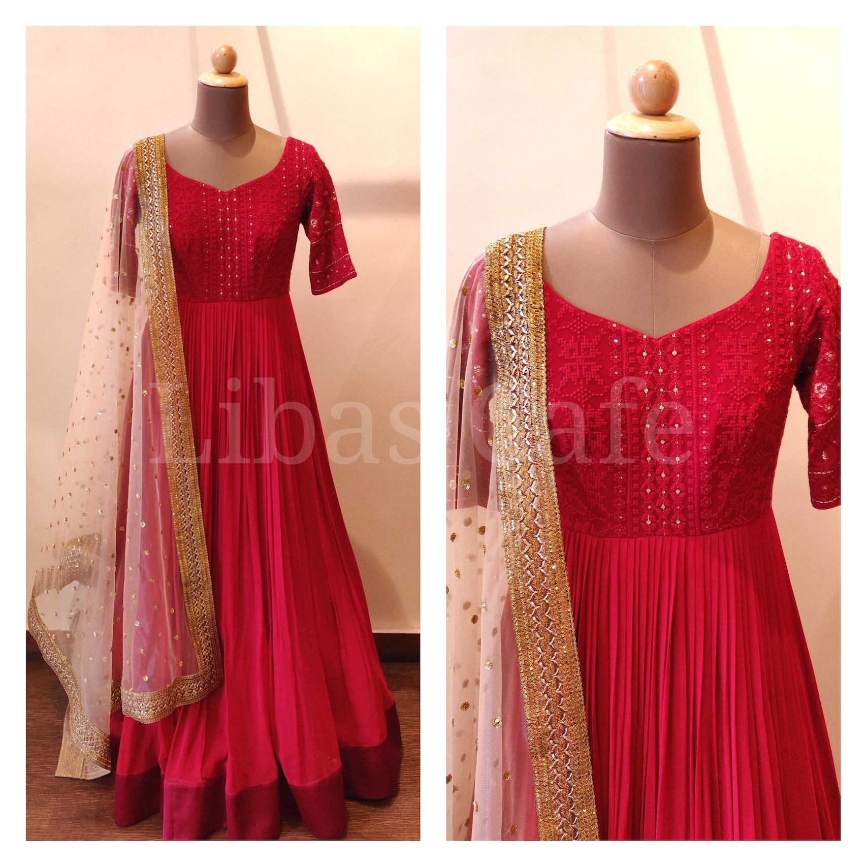 Red Lakhnavi Yok Anarkali Suit